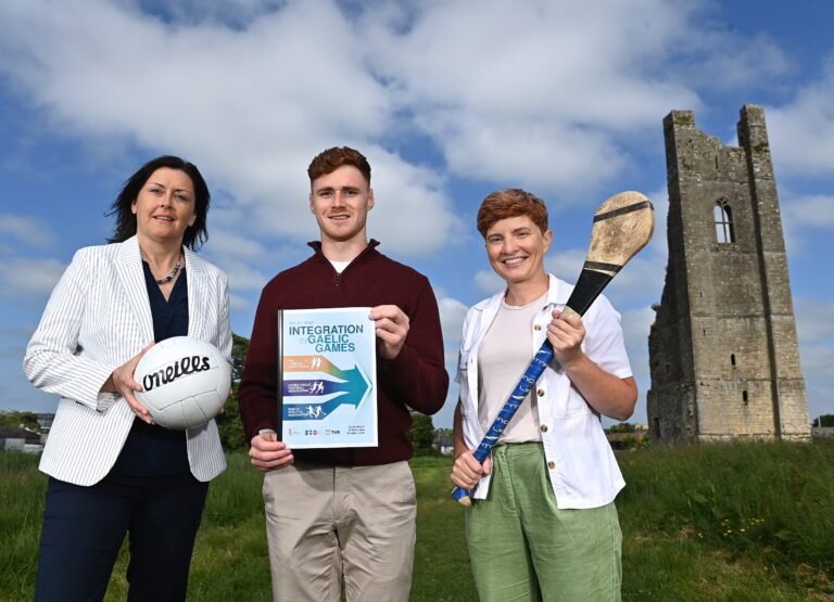 31 May 2023; Katie Liston, Conor Meyler and Aoife Lane during the Gaelic Games Integration Policy Brief at Trim Castle in Meath. Photo by Piaras Ó Mídheach/Sportsfile *** NO REPRODUCTION FEE ***